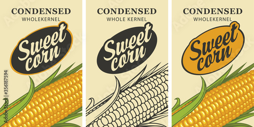 Sweet corn labels in retro style. Set of vector labels or banners for Sweet corn with corn cob and inscription on a light background
