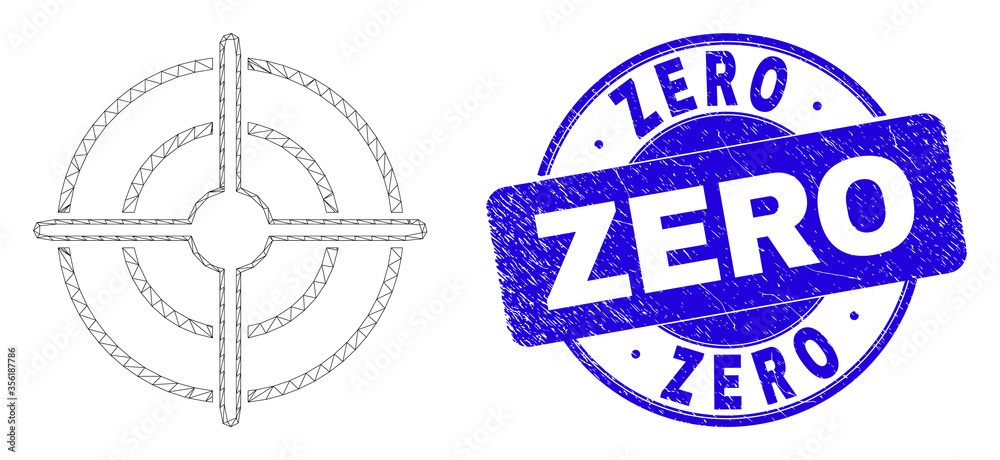 Web carcass bullseye pictogram and Zero seal. Blue vector rounded scratched seal stamp with Zero title. Abstract frame mesh polygonal model created from bullseye pictogram.