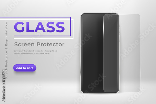 Smartphone mockup with glass screen protector. 3d mobile phone and screen protector film Modern cell phone template mockup in abstract scene with transparent tempered glass shield