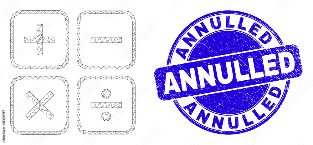 Obraz premium Web carcass calculator pictogram and Annulled seal. Blue vector round scratched seal stamp with Annulled text. Abstract carcass mesh polygonal model created from calculator pictogram.