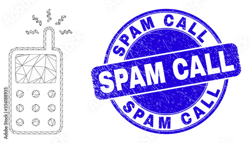 Web mesh cell phone pictogram and Spam Call seal stamp. Blue vector round textured seal with Spam Call phrase. Abstract carcass mesh polygonal model created from cell phone pictogram.