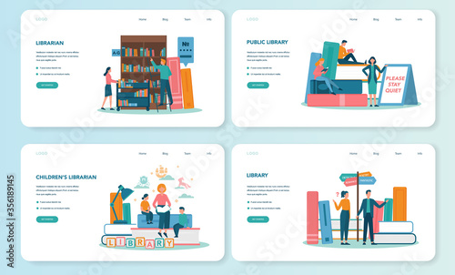 Librarian web banner or landing page set. Library staff holding