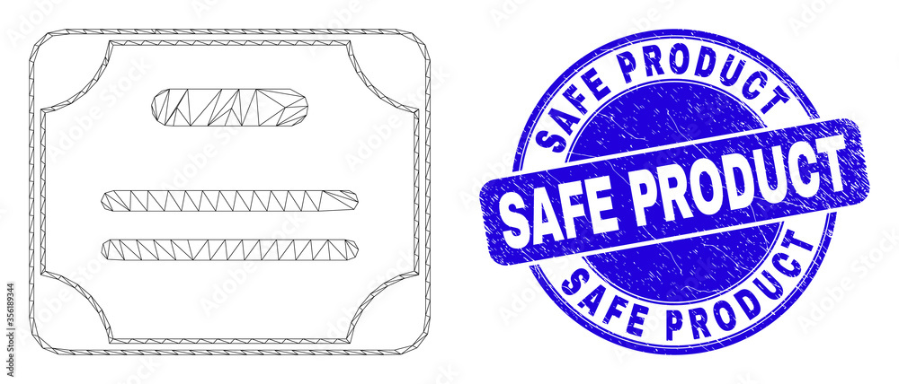 Web mesh certificate diploma icon and Safe Product stamp. Blue vector round scratched seal stamp with Safe Product text. Abstract frame mesh polygonal model created from certificate diploma icon.