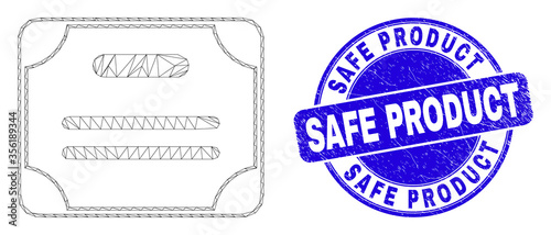 Web mesh certificate diploma icon and Safe Product stamp. Blue vector round scratched seal stamp with Safe Product text. Abstract frame mesh polygonal model created from certificate diploma icon.