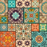 Seamless colorful patchwork tile with Islam, Arabic, Indian, ottoman motifs. Majolica pottery tile. Portuguese and Spain decor. Ceramic tile in talavera style. Vector illustration