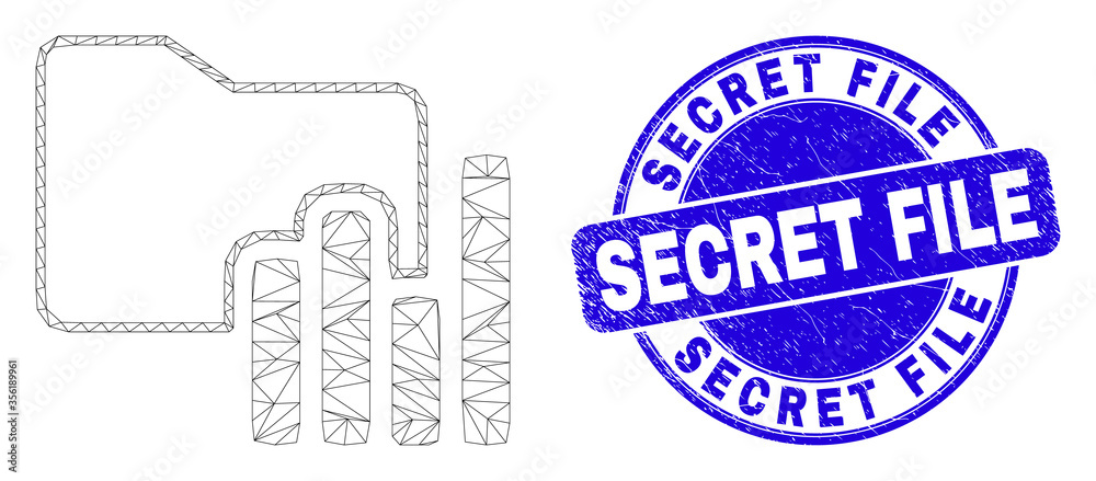 Obraz premium Web carcass charts folder icon and Secret File stamp. Blue vector rounded scratched stamp with Secret File phrase. Abstract carcass mesh polygonal model created from charts folder pictogram.