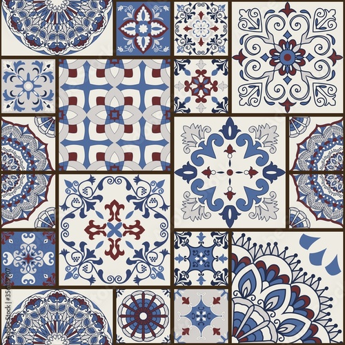 Seamless colorful patchwork tile with Islam, Arabic, Indian, ottoman motifs. Majolica pottery tile. Portuguese and Spain decor. Ceramic tile in talavera style. Vector illustration