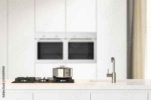The interior of a stylish kitchen with white walls, wooden floors, white countertops with built-in appliances and kitchen utensils. 3d rendering.