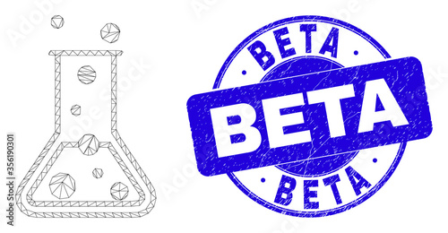 Web carcass chemical retort icon and Beta seal stamp. Blue vector rounded distress seal with Beta title. Abstract frame mesh polygonal model created from chemical retort icon.