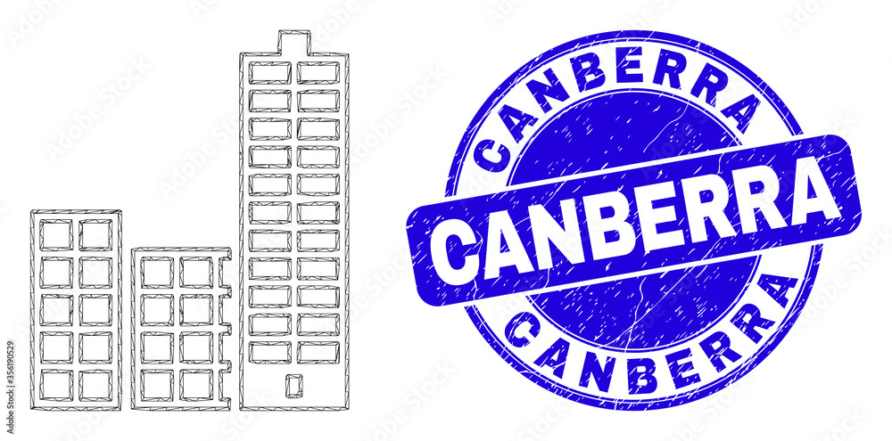 Obraz premium Web carcass city buildings pictogram and Canberra watermark. Blue vector round grunge watermark with Canberra phrase. Abstract carcass mesh polygonal model created from city buildings pictogram.
