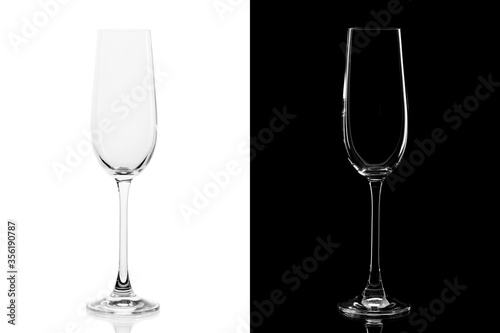 Empty champagne glass isolated on white and black background