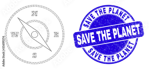 Web mesh compass pictogram and Save the Planet seal stamp. Blue vector rounded scratched watermark with Save the Planet caption. Abstract carcass mesh polygonal model created from compass pictogram.