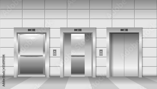 Three elevators with with closed, opened and half closed doors realistic vector illustration.