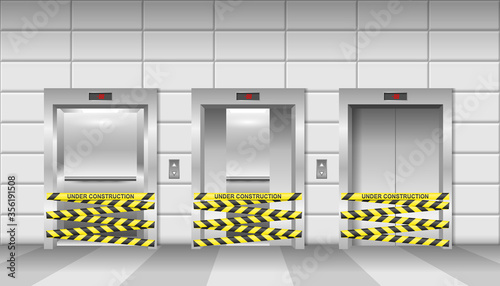 Three elevators with with closed, opened and half closed doors under repair realistic vector illustration.