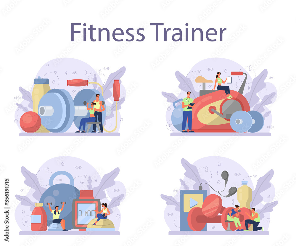 Fitness trainer concept set. Workout in the gym with profession