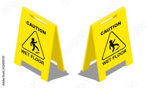 Isometric wet floor warning plate vector icon isolated on white background.