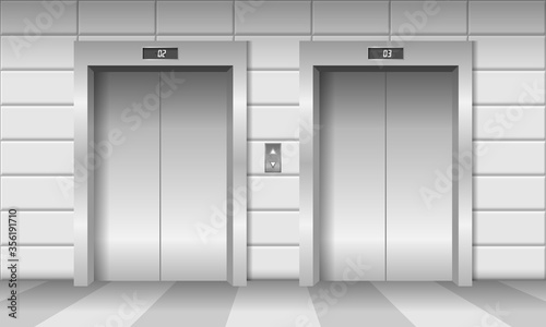Two elevators with closed doors realistic vector illustration.