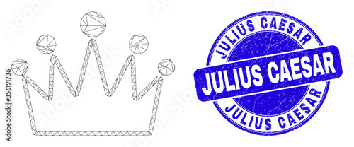 Web mesh crown icon and Julius Caesar seal stamp. Blue vector rounded distress watermark with Julius Caesar text. Abstract carcass mesh polygonal model created from crown icon.