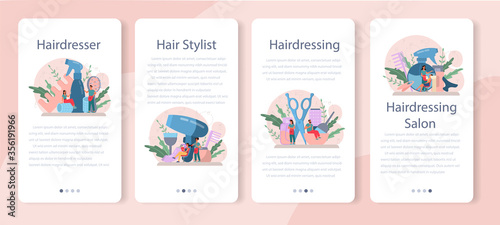 Hairdresser mobile application banner set. Idea of hair care in salon.