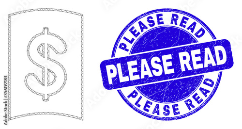 Web carcass currency handbook icon and Please Read watermark. Blue vector round grunge watermark with Please Read text. Abstract carcass mesh polygonal model created from currency handbook icon.