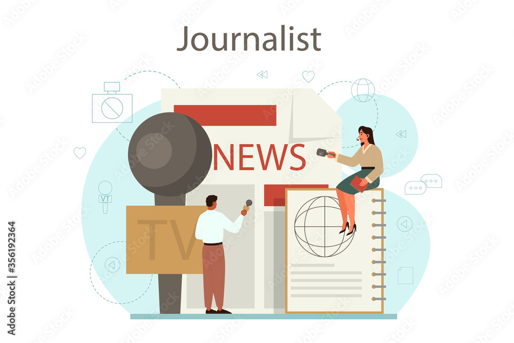 Naklejka premium Journalist concept. TV reporter with microphone. Mass media