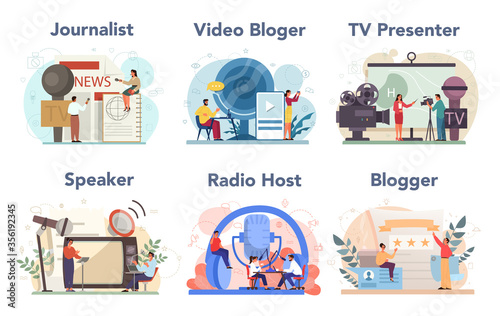 Journalist concept set. Newspaper, internet and radio journalism. TV