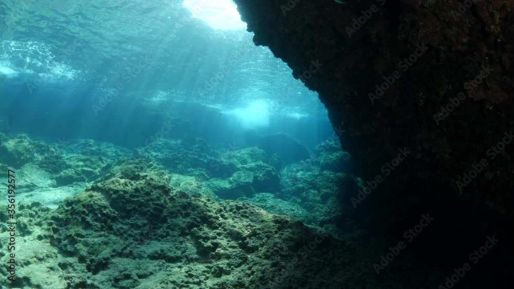 caves and tunnels cavern dive  and  underwater  fish ocean scenery camera moving forwards