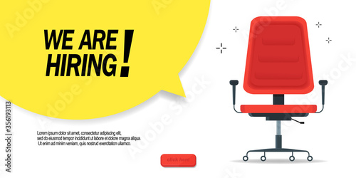 We are hiring, banner concept, vacant position. Empty office chair as a sign of free vacancy isolated on a white background. Send us your resume. Vector illustration.