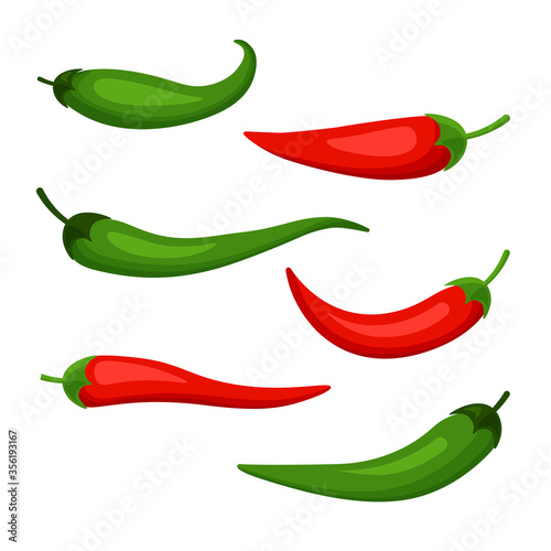 Chilli pepper set isolated on white background. Hot spicy red and green chili peppers. Cartoon mexican chilli in a trendy flat style.
