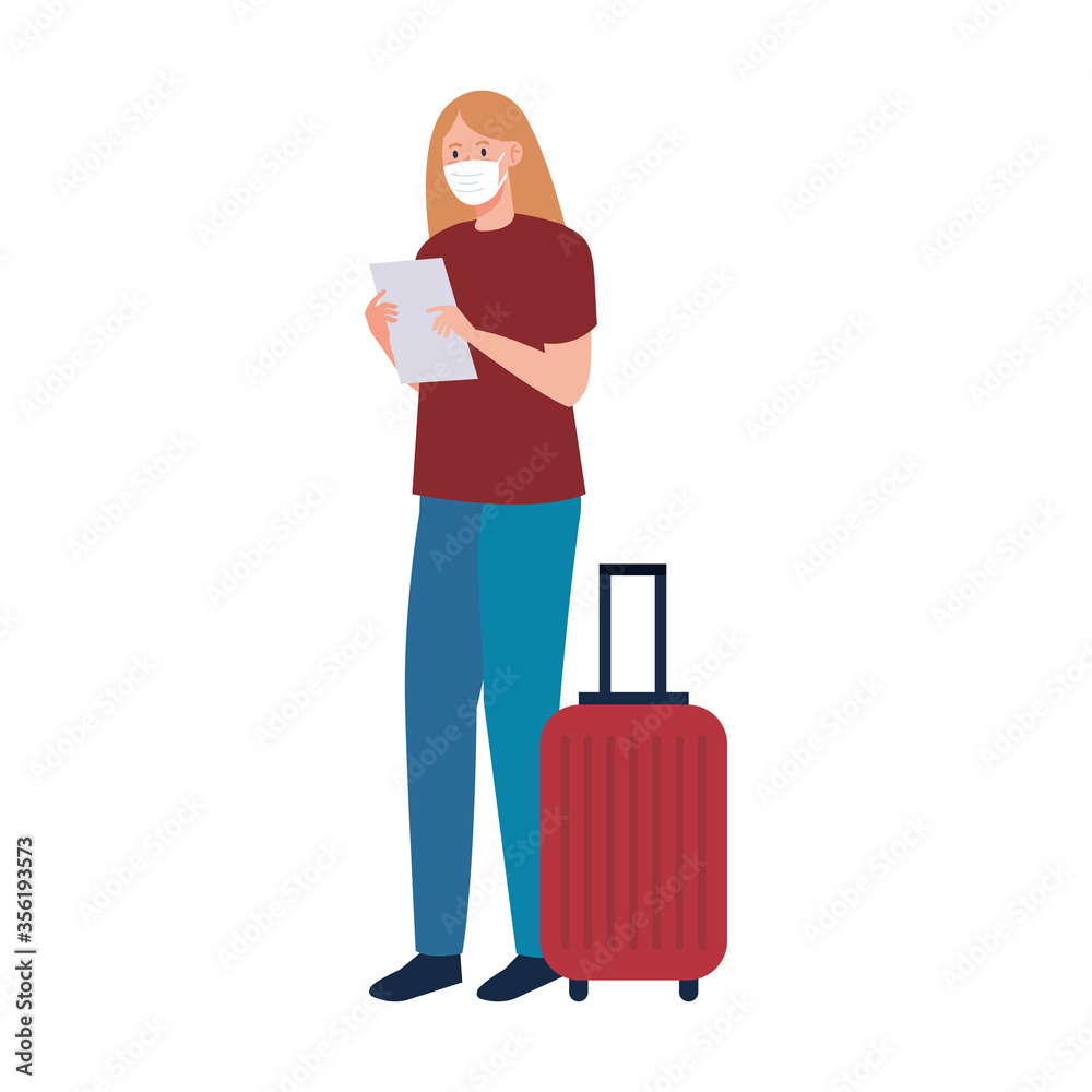 Woman with medical mask and bag design, Cancelled flights travel and airport theme Vector illustration Woman with medical mask and bag design, Cancelled flights travel and airport theme Vector illustration