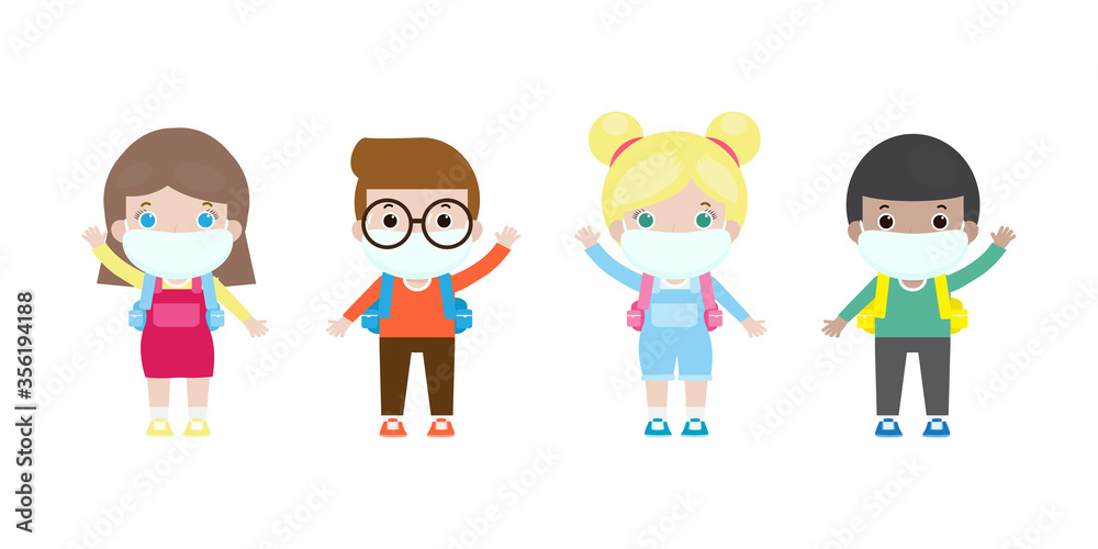 new normal lifestyle for Back to school concept. happy children wearing face mask protect coronavirus 2019 nCoV or covid-19, group of kids and friends at school isolated background new normal lifestyle for Back to school concept. happy children wearing face mask protect coronavirus 2019 nCoV or covid-19, group of kids and friends at school isolated background