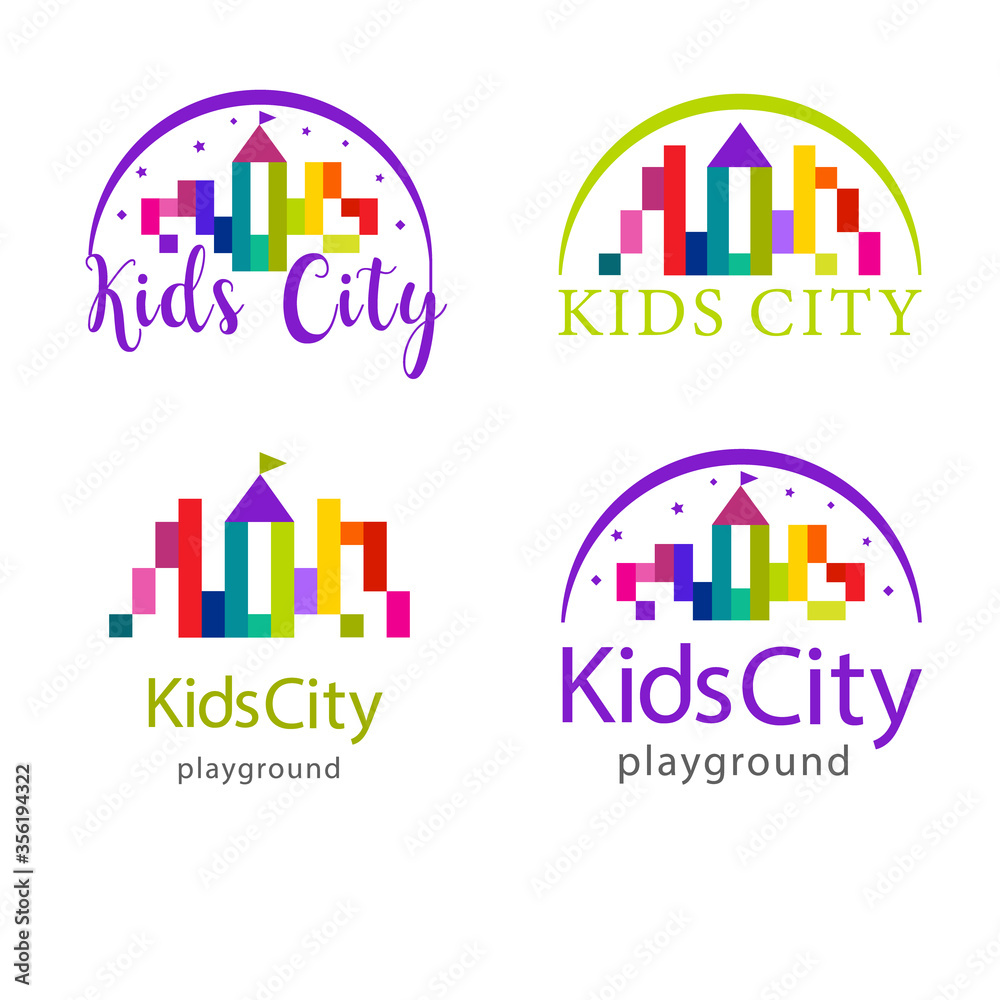 Set of vector illustrations of logos for the children's town, kids city of colorful pixels. Kids castles and towers. Logo, pictogram of playground, kids zone, toy store, preschool, kindergarten. Set of vector illustrations of logos for the children's town, kids city of colorful pixels. Kids castles and towers. Logo, pictogram of playground, kids zone, toy store, preschool, kindergarten.