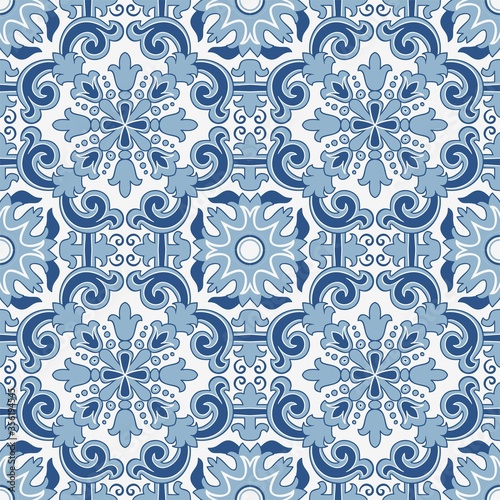 Seamless Damask pattern. Majolica pottery tile, blue, white and gold azulejo, original traditional Portuguese and Spain decor. Seamless pattern with Victorian motives. Vector illustration.