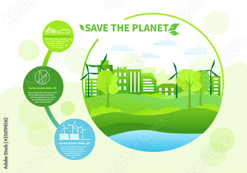 Save the Planet concept with Green Renewable Energy and no plastic pollution with a city powered by wind turbines in an infographic, colored vector illustration