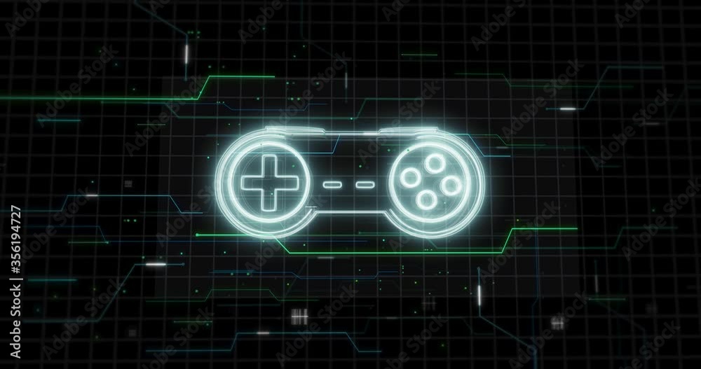 Glowing technical lines form game controller - gamepad hologram on a black background. Gaming intro, esports, gaming channel. Zoom-Out
