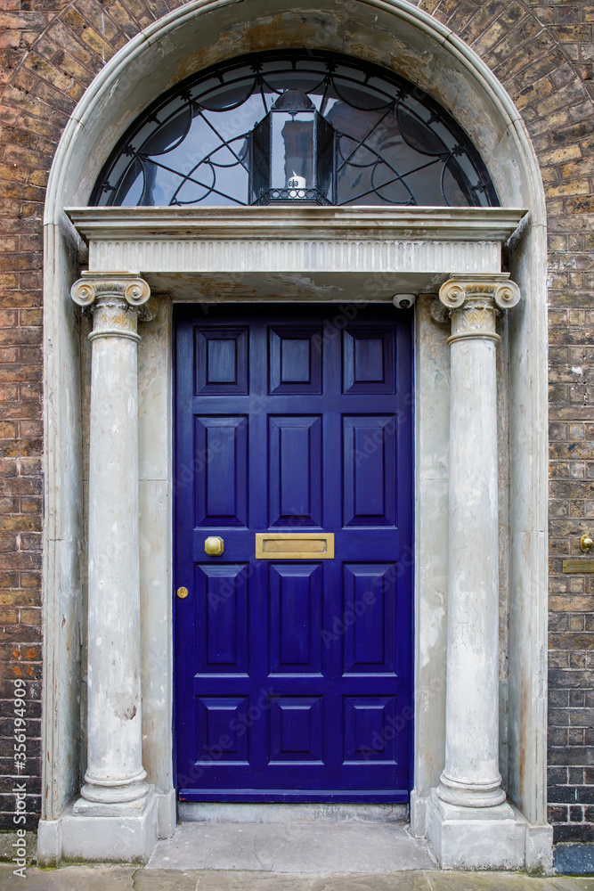 Colorful georgian doors in Dublin, Ireland. Historic doors in different colors painted as protest against English King George legal reign over the city of Dublin in Ireland