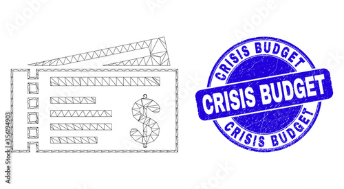 Web carcass dollar cheques pictogram and Crisis Budget seal. Blue vector rounded scratched seal stamp with Crisis Budget phrase.