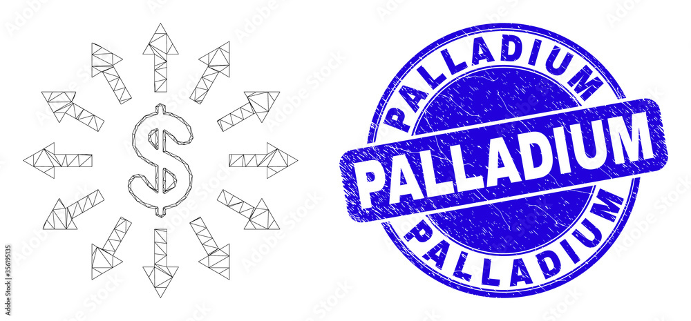 Obraz premium Web carcass dollar emission icon and Palladium seal stamp. Blue vector round grunge seal with Palladium text. Abstract frame mesh polygonal model created from dollar emission icon.