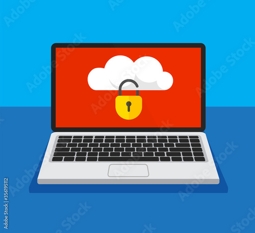 Open laptop with locked cloud storage on a screen. File protection. Data security and privacy concept on a computer display. Safe confidential information. Vector illustration.