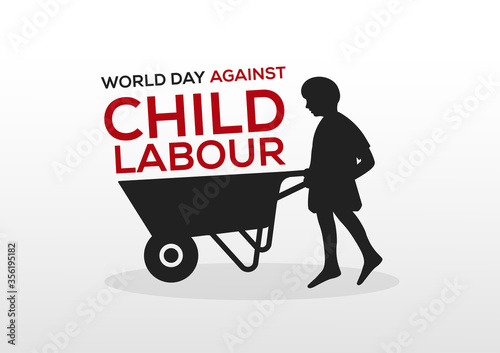 world day against child labour sign, boy pushing a wheelbarrow, stop child labour vector