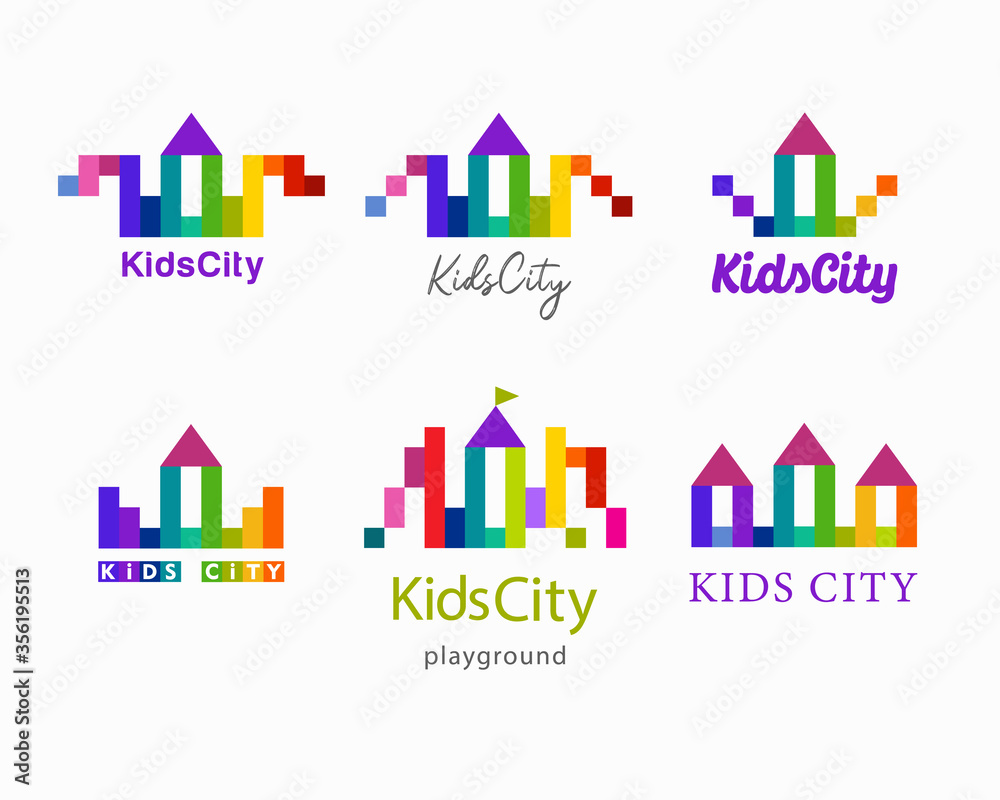 Set of vector illustrations of logos for the children's town, kids city of colorful pixels. Kids castles and towers. Logo, pictogram of playground, kids zone, toy store, preschool, kindergarten.