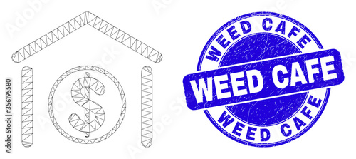 Web mesh dollar garage bank icon and Weed Cafe seal. Blue vector rounded distress seal with Weed Cafe title. Abstract frame mesh polygonal model created from dollar garage bank pictogram.