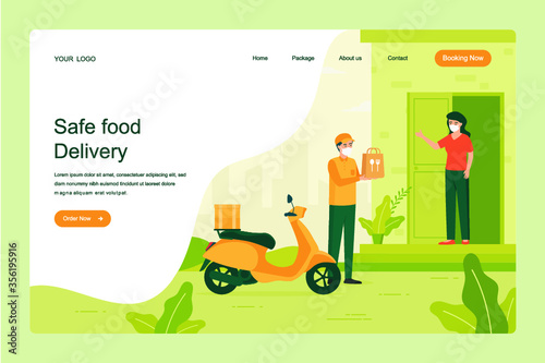Safe food delivery. the courier delivering food order to the home of customer girl with mask and gloves during the corona virus pandemic. cartoon design vector illustration.