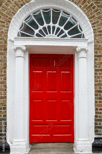 Colorful georgian doors in Dublin, Ireland. Historic doors in different colors painted as protest against English King George legal reign over the city of Dublin in Ireland