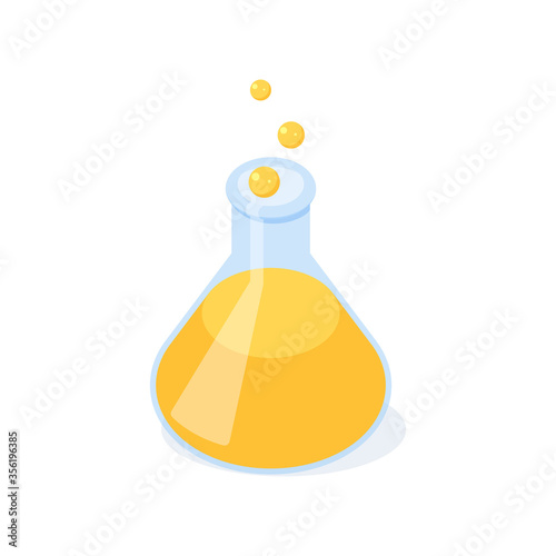 Chemical flask with yellow liquid and bulbes isometric vector illustration.