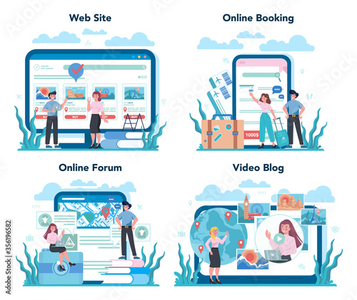 Travel agent online service or platform set. Office worker selling tour