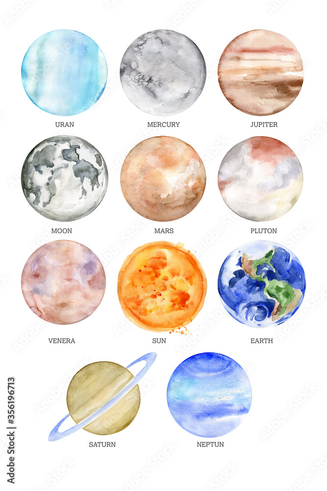 Watercolor planets of the solar system isolated on white background. Astronomical observatory small planet Pluto, Venus, Mercury, Neptune, Uranus, Sun, Earth, Saturn icons set. Astronomy galaxy space.