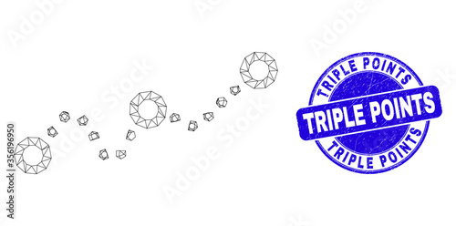 Web carcass dotted chart pictogram and Triple Points seal stamp. Blue vector rounded distress stamp with Triple Points title. Abstract carcass mesh polygonal model created from dotted chart pictogram.