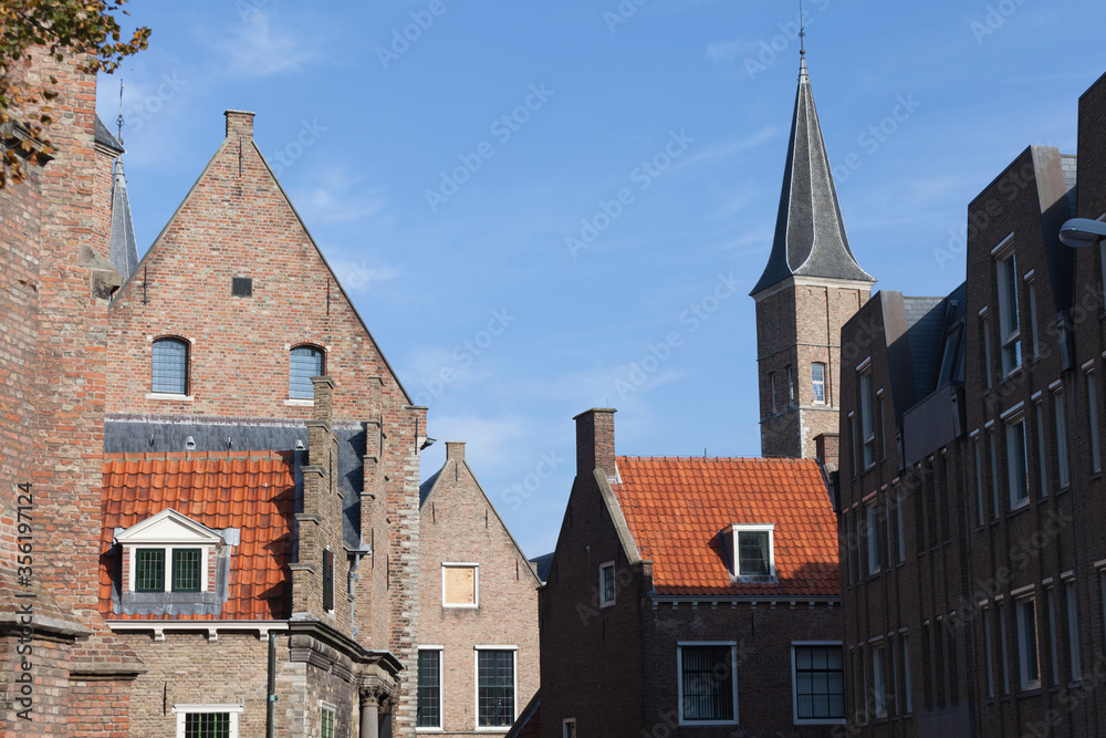 Naklejka premium Medieval brick facades with typical Dutch orange roof tiles against a blue sky on a sunny day