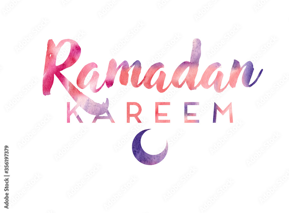 Ramadan kareem vector greetings typography design with watercolor background and moon. Vector illustration.